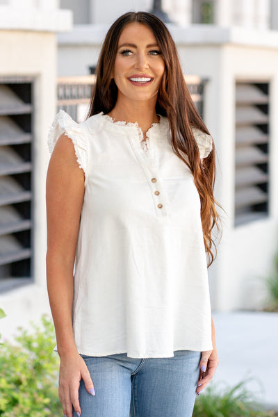 Kenzie Ruffle Shoulder Knit Top - White – American Blues