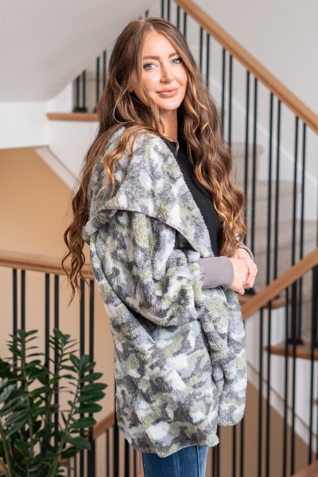 Hem & Thread   This is that cozy jacket you will throw on every day and go! One size fits most with an open neckline and long sleeves and side pockets.   Color: Gray Camo Neckline: Open  Sleeve: Long 100% POLYESTER Style #: 19919C-GrayCamo