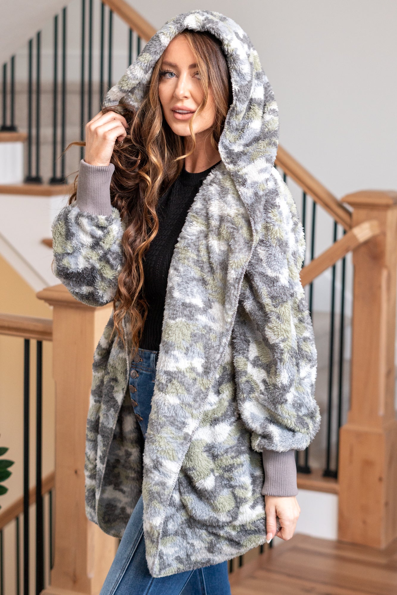 Hem & Thread   This is that cozy jacket you will throw on every day and go! One size fits most with an open neckline and long sleeves and side pockets.   Color: Gray Camo Neckline: Open  Sleeve: Long 100% POLYESTER Style #: 19919C-GrayCamo