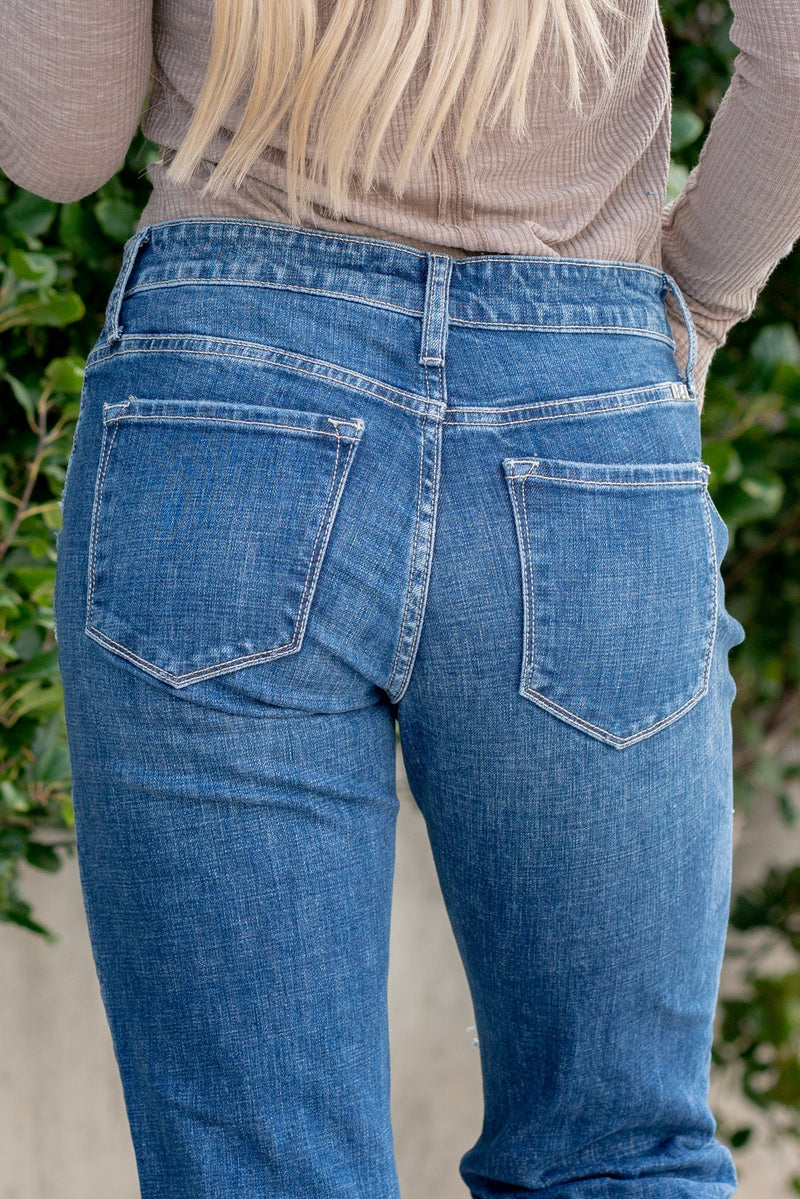 KanCan Jeans  These mid-rise boyfriend jeans hit at exactly the right spot on your waist and with some spandex, these will stretch as you wear and get super comfy!  Color: Dark Blue Wash Cut: Cuffed Boyfriend, 26" Inseam* Rise: Mid-Rise, 9.25" Front Rise* 99% COTTON, 1% SPANDEX Stitching: Classic Fly: Zipper Style #: KC8652D Contact us for any additional measurements or sizing.  