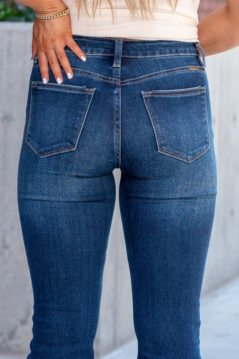 KanCan Jeans  Collection: Core Style  Flare, 34" Inseam* High Rise, 8.5" Front Rise* Dark Blue Wash  COTTON 94% POLYESTER 5% SPANDEX 1% Fly: Exposed Button Fly Style #: KC6327FD Contact us for any additional measurements or sizing.  *Measured on the smallest size, measurements may vary by size.
