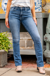 KanCan Jeans  KanCan Stretch Level: Stretchy  Color: Medium Blue Cut: Boot Cut, 32" Inseam* Rise: High-Rise, 10" Front Rise* 68% COTTON, 30% POLYESTER, 2%SPANDEX Stitching: Classic  Fly: Zipper Style #: KC8683M  Contact us for any additional measurements or sizing.  *Measured on the smallest size, measurements may vary by size.