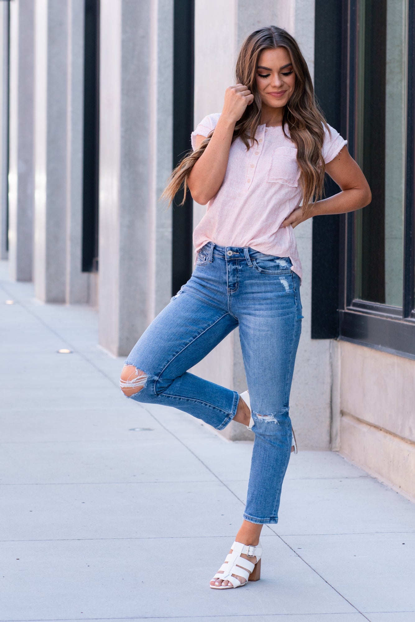 Vervet Flying Monkey Jeans  These mid-waisted straight-leg jeans have a soft stretch material that will feel so comfortable. With distressed legs, style with a front tuck and flats for a casual look.  Color: Medium Blue Wash  Cut: Straight, 27* Rise: Mid Rise, 9" Front Rise* Material: 92%COTTON, 6%POLYESTER, 2%SPANDEX Machine Wash Separately In Cold Water Stitching: Classic Fly: Zipper Style #: V2819 