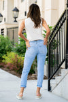KanCan Jeans  These mid-rise boyfriend jeans hit at exactly the right spot on your waist and with some spandex, these will stretch as you wear and get super comfy!  Color: Light Blue Wash Cut: Cuffed Boyfriend, 27.5" Inseam Rise: Mid-Rise, 9.25" Front Rise 99% COTTON, 1% SPANDEX Stitching: Classic Fly: Zipper Style #: KC8646L Contact us for any additional measurements or sizing. 