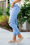 KanCan Jeans  These mid-rise boyfriend jeans hit at exactly the right spot on your waist and with some spandex, these will stretch as you wear and get super comfy!  Color: Light Blue Wash Cut: Cuffed Boyfriend, 27.5" Inseam Rise: Mid-Rise, 9.25" Front Rise 99% COTTON, 1% SPANDEX Stitching: Classic Fly: Zipper Style #: KC8646L Contact us for any additional measurements or sizing. 