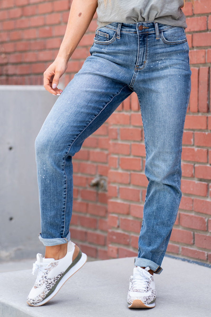 Judy Blue  Color: Dark Blue Wash Cut: Boyfriend, 28" Inseam Cuffed, 30" Inseam Un-Cuffed  Rise: High-Rise, 10.5" Front Rise Material: 93% COTTON,6% POLYESTER,1% SPANDEX Machine Wash Separately In Cold Water Stitching: Classic Fly: Zipper Style #: JB82346-PL , 82346-PL Contact us for any additional measurements or sizing.    *Measured on the smallest size, measurements may vary by size. 