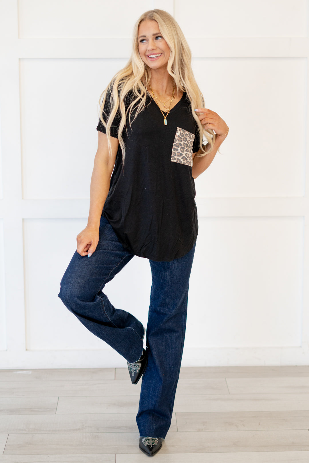 American Blues Denim Boutique Zenana Leopard Pocket Tee Black