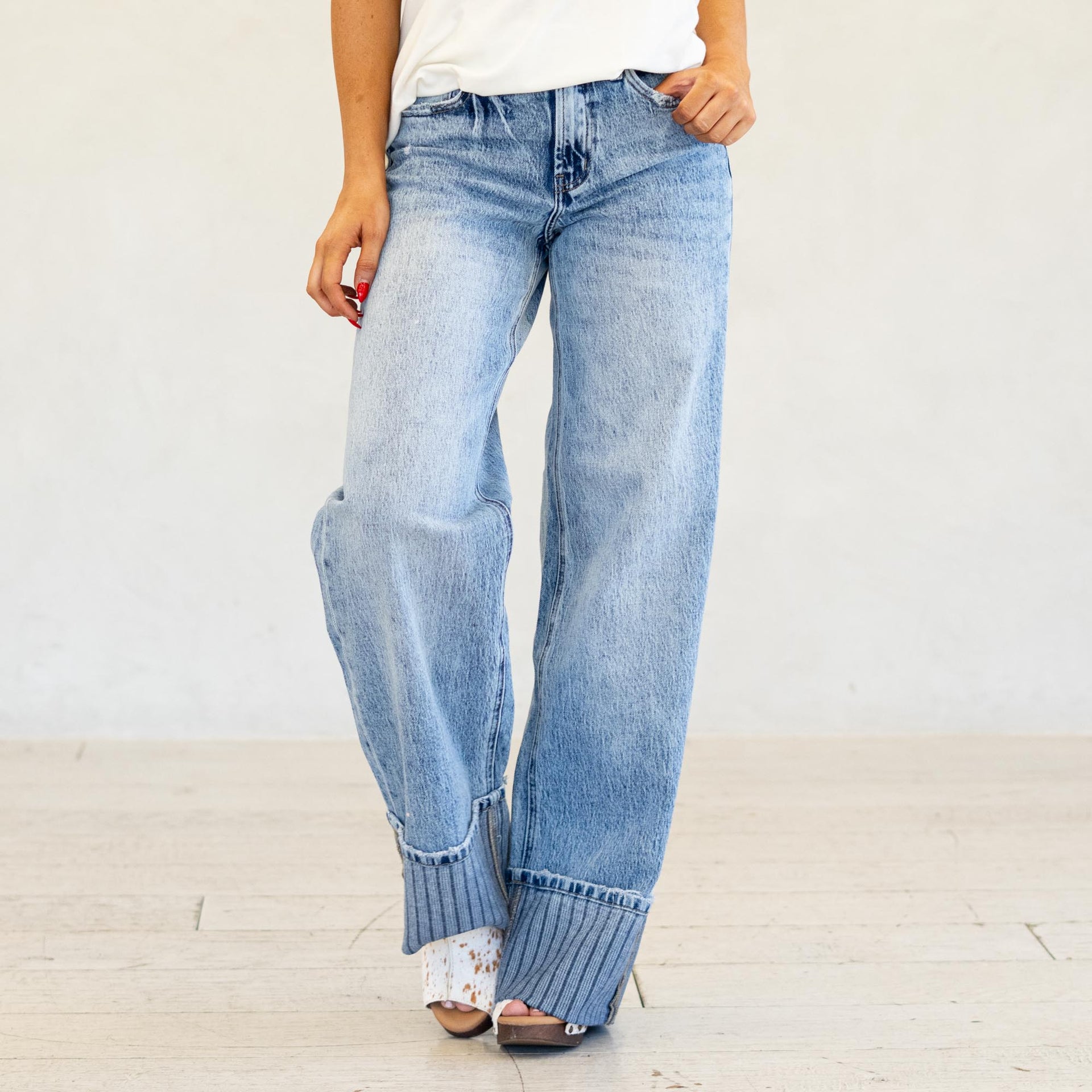 KanCan Petal High Rise Cuffed Wide Leg Jeans Medium Blue Wash