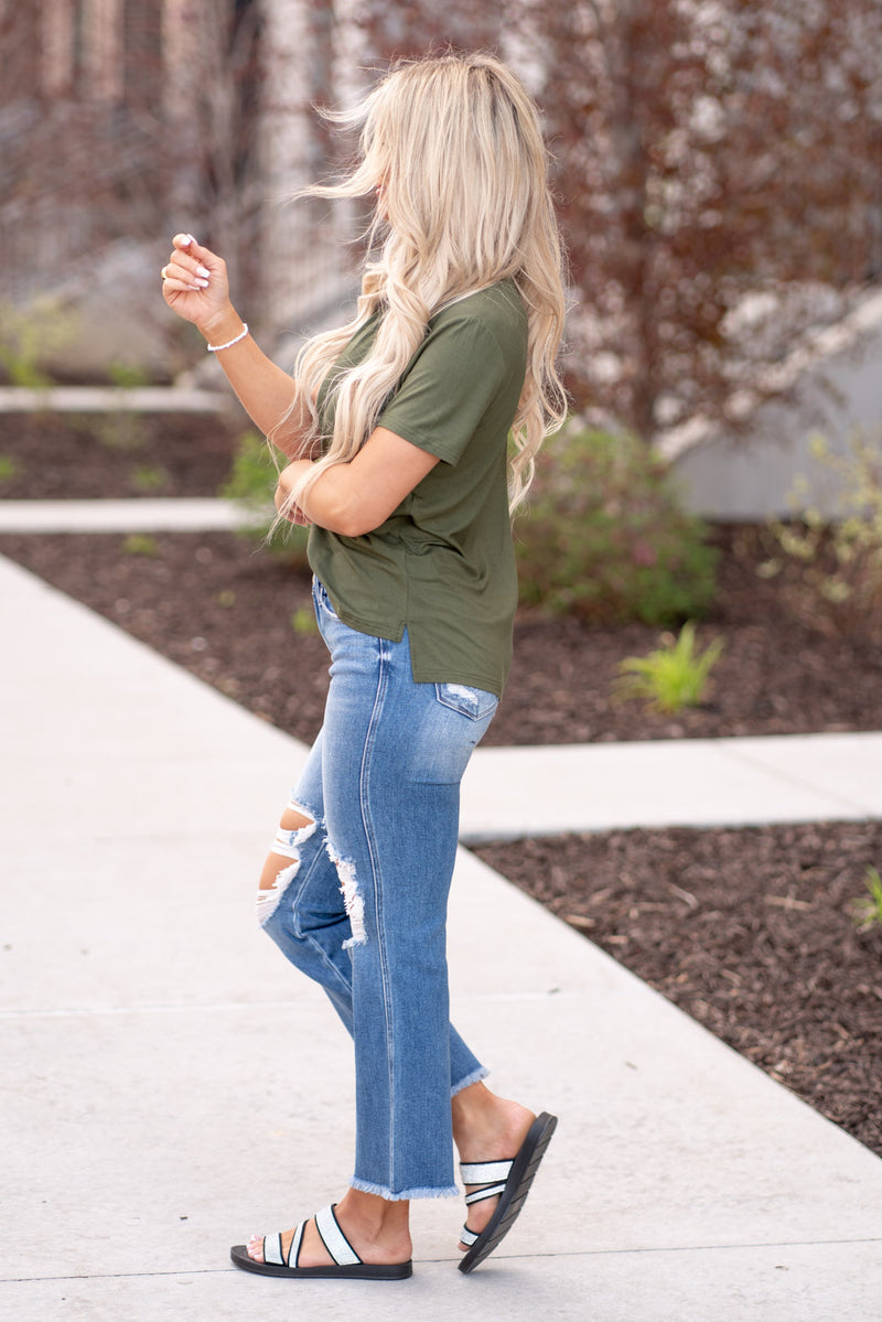 Tan Line Mid Rise Distressed Cropped Flare Jeans