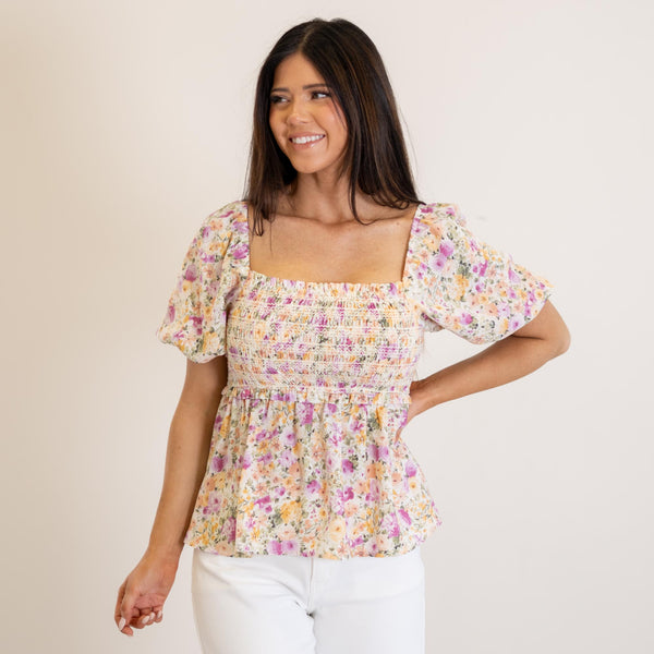 Hem & Thread Sunset Bloom Peplum Top 36064-Multi – American Blues