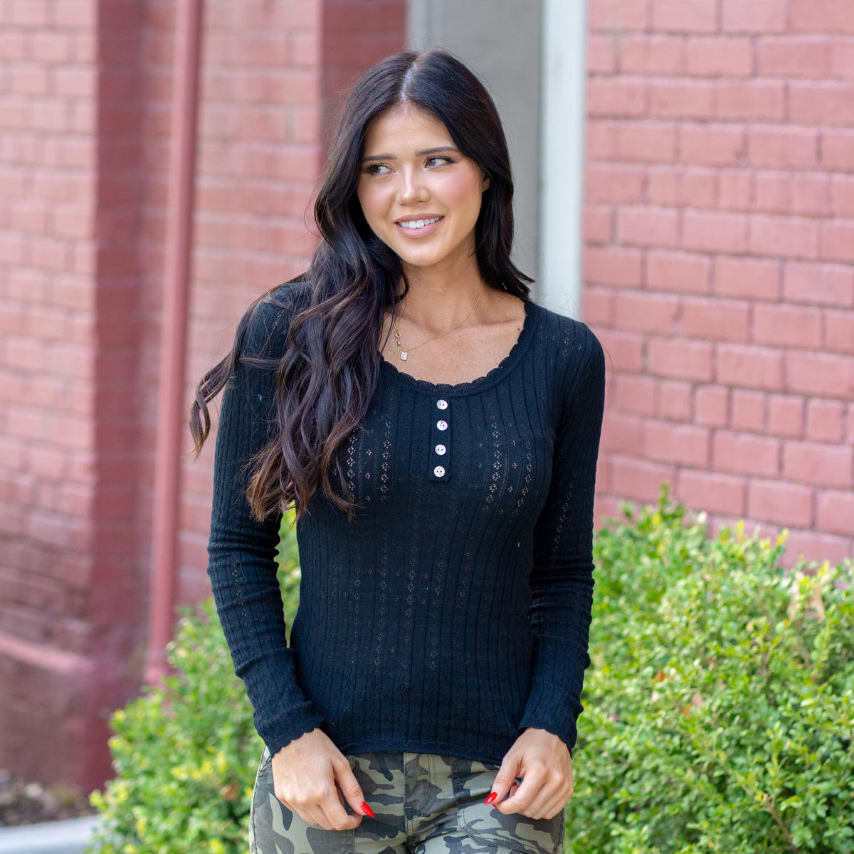 Pointelle Knit Scoop Neck Sweater Henley Top 36187-Black 