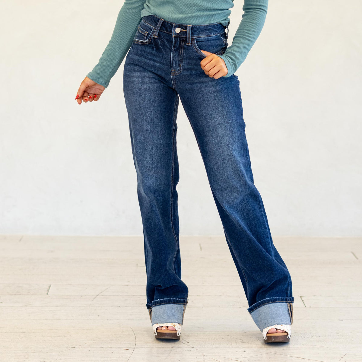 Lovervet Midnight Ease High Rise Cuffed Wide Leg Jeans Dark Blue 