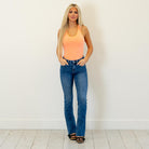 Lovervet by VERVET&nbsp;

Sleek and flattering, this high-rise bootcut features a seamless waistband for a smooth, polished fit. The clean cut raw hem and full-length silhouette create an effortlessly elongating look. Made with comfort stretch denim, these jeans offer all-day ease while holding their shape. A refined everyday style that pairs perfectly with everything from tees to tailored layers.

Color Name: Diantha
Color: Medium Blue Wash
Cut: Boot Cut, 33" Inseam*
Rise: High-Rise, 10" Front Rise*
Leg Op
