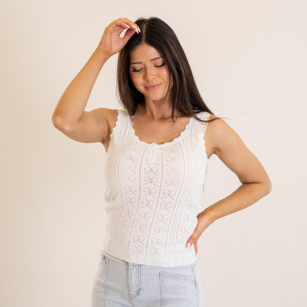 Hem & Thread Ribbon Lace Pointelle Tank White 37741-White 