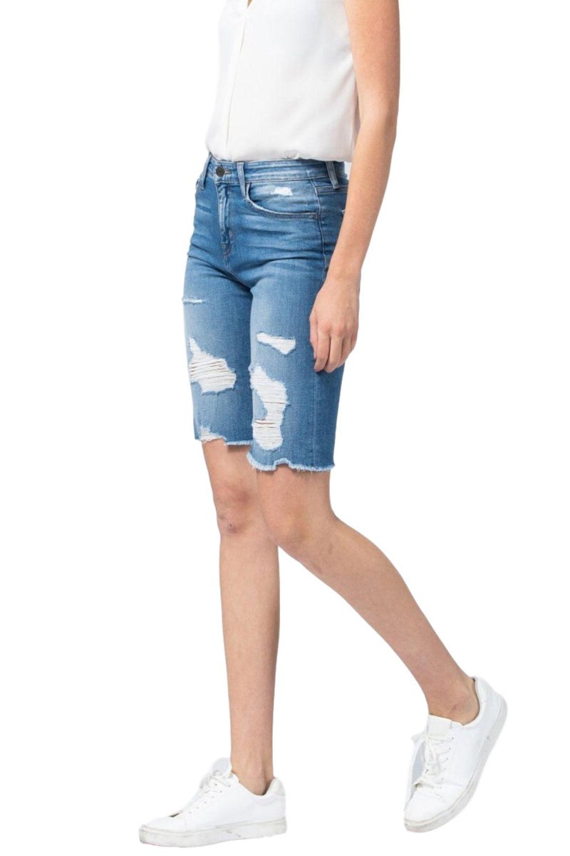 Flying Monkey Jeans  Collection: January 2020 Style Name: Pixel Color: Distressed Medium Wash Rise: High Rise, 10" Front Rise Cut: Bermudas, 13" Inseam Material: 93% COTTON, 5% POLYESTER(T400), 2% LYCRA®SPANDEX Fly: Zipper  Style #: Y2880   Contact us for any additional measurements or sizing.   Sizes Compared To Women's Size 24/00 25/0 26/2 27/4 28/6 29/8 30/10  Sizes Compared To Juniors Size 24/0 25/1 26/3 27/5 28/7 29/9 30/11