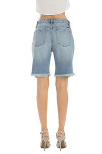 KanCan Jeans  Collection: June 2019   Style Name: Kevia-Kay Color: Light Wash Cut: Frayed Hem Bermudas Shorts High-Rise, 10" Front Rise Bermuda Shorts 9" INSEAM 100% COTTON Machine Wash Separately In Cold Water Stitching: Classic Fly: Zipper Style #: KC5189M  Contact us for any additional measurements or sizing.  X-Small = 24/1 Small = 25/3 Medium = 26/5-27/7 Large = 28/9 X-Large 29/11