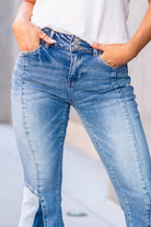 VERVET by Flying Monkey Jeans  This high-rise flare from VERVET has cute panel legs with double button closure and soft stretchy material. Flare, 34" Inseam*  Rise: High Rise, 10" Front Rise* 90.5%COTTON, 7.5%POLYESTER, 2%SPANDEX Stitching: Classic  Fly: Zip Fly  Style #: V2486 *Measured on the smallest size, measurements may vary by size.  Contact us for any additional measurements or sizing.
