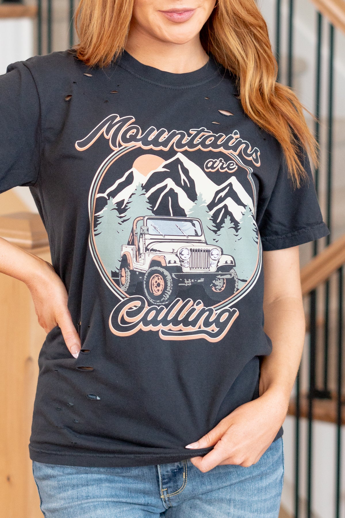 Mountains Are Calling Distressed Graphic Tee - Black