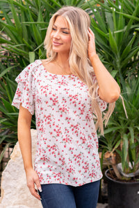 Floral Printed Pointelle with Ruffled Sleeve Top - Ivory
