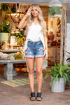Judy Blue Jeans Color: Dark Blue Shorts  Cut: Shorts, 3.75"* High Rise: 10.75" Front Rise* 94% Cotton / 5% Polyester / 1% Spandex Stitching: Classic  Fly: Zipper Style #: JB150162-PL | 150162-PL *Measured on the smallest size, measurements may vary by size.  Contact us for any additional measurements or sizing.  Cas is 5'7" and wears a size 25 in jeans, a small in tops, and 8 in shoes. She is wearing size small in these shorts. 