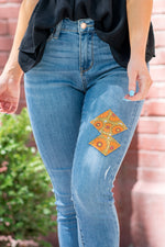 70s Print Patch Mid Rise Skinny