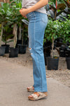 Flying Monkey Jeans Wash: Medium Blue Name: Young Folks Cut: Flare, 32" Inseam* Rise: High Rise, 11.75" Front Rise* 97% COTTON 2% POLYESTER 1% SPANDEX Stitching: Classic Fly: Zipper  Style #: F4508 Contact us for any additional measurements or sizing.    *Measured on the smallest size, measurements may vary by size.  Jacquelyn wears a size 25 in jeans, a small in tops, and 6.5 in shoes. She is wearing a size 25 in these jeans.