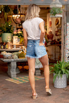 VERVET by Flying Monkey Jeans  These comfortable high-rise shorts have a cross-over waist and a super high rise fit. Pair with a graphic tee and sandals. Shorts, 11" Inseam* High Rise, 3.5" Front Rise* 100% Cotton Stitching: Classic Fly: Zipper Style #: V2756-IN    Contact us for any additional measurements or sizing.    *Measured on the smallest size, measurements may vary by size