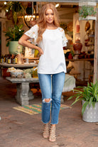 Floral Ruffle Sleeve Top  Color: Off White Neckline: Round Sleeve: Flutter Sleeve SELF:95%POLYESTER, 5%SPANDEX | CONT:100%POLYESTER Style #: 41299T-Off White Contact us for any additional measurements or sizing.