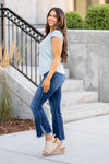 La Miel   Color: Cloud Blue V Neck Fitted Short-Sleeved Style #: JBT7655-CloudBlue *Measured on the smallest size, measurements may vary by size.  Contact us for any additional measurements or sizing.   Alyssa is 5'5" and wears a size 25 in jeans, a small in tops, and 8 in shoes. She is wearing a size small in this top. 