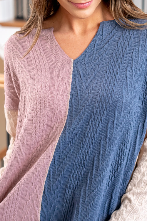 Colorblock Cable Knit Color Block Top - Lt Taupe
