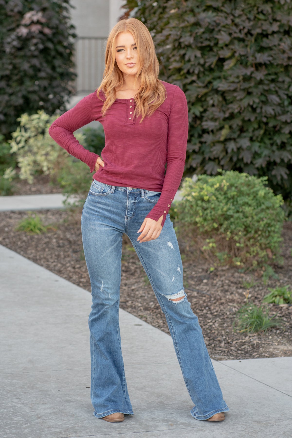 VERVET by Flying Monkey Jeans  This flare features a high rise with single button closure and a 34" inseam for length.  Flare, 34" Inseam*  Rise: High Rise, 10" Front Rise* Leg Opening: 26"* 98% Cotton, 2% Spandex Stitching: Classic  Fly: Zip Fly  Style #: V2813 Contact us for any additional measurements or sizing.   *Measured on the smallest size, measurements may vary by size.