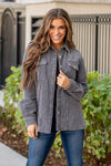 BiBi   What is fall with shackets? Pair this corduroy jacket with a tank and your favorite dad jeans this fall for an updated look this fall.  Color: Charcoal Neckline: Open, Button Up  Sleeve: Long Sleeves 100% Cotton Style #: IP7110 Contact us for any additional measurements or sizing.    *Measured on the smallest size, measurements may vary by size. 