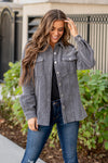 BiBi   What is fall with shackets? Pair this corduroy jacket with a tank and your favorite dad jeans this fall for an updated look this fall.  Color: Charcoal Neckline: Open, Button Up  Sleeve: Long Sleeves 100% Cotton Style #: IP7110 Contact us for any additional measurements or sizing.    *Measured on the smallest size, measurements may vary by size. 