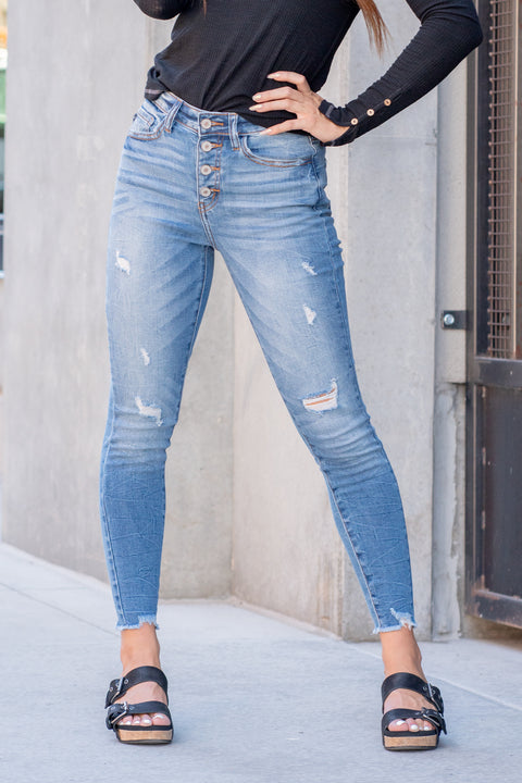 Kan Can Women's Ricky High Rise Skinny Jeans - Distressed Button Fly Ripped Knee Denim