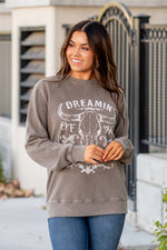 Vintage Dreamin of The Wild West Graphic Cozy Pull Over Sweater - Choco