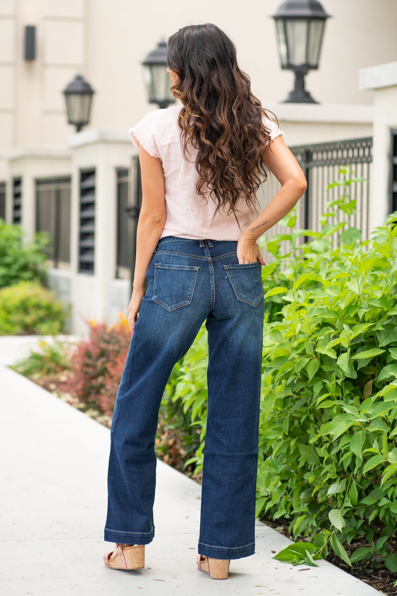 KanCan Jeans   KanCan Stretch Level: Comfort Stretch  Wide Leg Trouser Color: Dark Blue Wash Cut: Flare, 32" Inseam  Rise: High Rise, 11" Front Rise 99% COTTON, 1% SPANDEX Fly: Exposed Button Fly Style #: KC7126D  Contact us for any additional measurements or sizing.  *Measured on the smallest size, measurements may vary by size. 