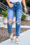 KanCan Jeans  These mom jeans will become your go-to! Pair these girlfriend mom fit with sandals and a tee for an easy summer look.  Color: Medium Blue Wash Cut: Straight Fit, 27" Inseam* Rise: High Rise, 11.75" Front Rise* 99% COTTON , 1% SPANDEX Fly: Zipper Style #: KC9304M Contact us for any additional measurements or sizing.  