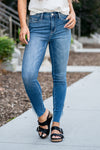 Judy Blue  Don't be afraid to wear high-waisted jeans with a medium blue wash and split hem detail, these will be your everyday go-to denim.   Color: Medium Wash Cut: Skinny, 28.5" Inseam*  Rise: High Rise 10.5" Front Rise* Material: 93% Cotton, 6% Polyester, 1% Spandex Machine Wash Separately In Cold Water Stitching: Classic Fly: Zipper Style #: JB88459-PL | 88459-PL *Measured on the smallest size, measurements may vary by size.  Contact us for any additional measurements or sizing.