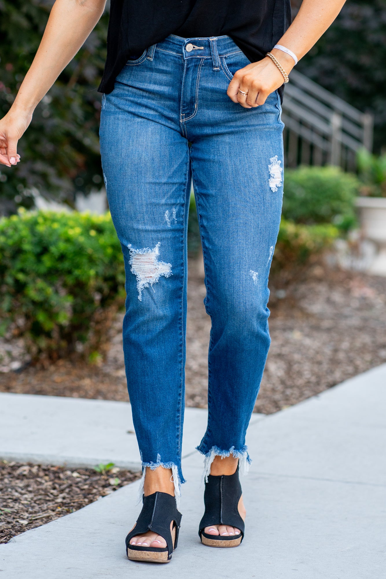 Judy Blue Dark Wash Mid Rise Destroyed Hem Skinny Jeans