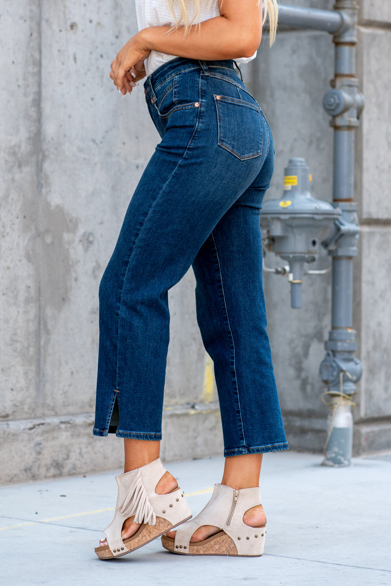 Judy Blue   Don't be afraid to wear high-waisted jeans, especially these cropped straight-fit jeans. With a dark-contrast blue wash and straight-down leg, these will be your new favorite fit. Color: Dark Blue Wash Cut: Cropped Straight Fit, 26" Inseam Rise: High-Rise, 10.75" Front Rise Material: 92% Cotton / 6% Polyester / 2% Spandex Machine Wash Separately In Cold Water Stitching: Classic Fly: Zipper Style #: JB88127 | 88127