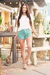 Judy Blue Jeans Color: Sea Green Cut: Shorts, 3.75"* High Rise: 11" Front Rise* 93% Cotton / 6% Poly / 1% Spandex Stitching: Classic  Fly: Zipper Style #: JB150216 | 150216 *Measured on the smallest size, measurements may vary by size.  Contact us for any additional measurements or sizing.