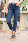 KanCan Jeans  These are the ones, the classic KanCan that can be dressed up or worn casually. Pair with heels and a front tuck for a night out.  Color: Dark Wash Cut: Fit Skinny, 27" Inseam  Rise: High Rise, 10" Front Rise 74% COTTON, 10% RAYON, 15% POLYESTER, 1% SPANDEX Stitching: Classic Fly: Zipper Fly Style #: KC20010SD