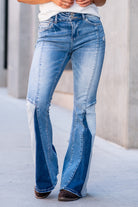 VERVET by Flying Monkey Jeans  This high-rise flare from VERVET has cute panel legs with double button closure and soft stretchy material. Flare, 34" Inseam*  Rise: High Rise, 10" Front Rise* 90.5%COTTON, 7.5%POLYESTER, 2%SPANDEX Stitching: Classic  Fly: Zip Fly  Style #: V2486 *Measured on the smallest size, measurements may vary by size.  Contact us for any additional measurements or sizing.