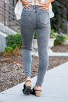 KanCan Jeans  Color: Grey Cut: Super Skinny, 28" Inseam* Rise: High-Rise, 10" Front Rise* 94.9% COTTON 3.8% POLYESTER 1.3% SPANDEX Fly: Zipper  Style #: KC7342LG *Measured on the smallest size, measurements may vary by size.  Contact us for any additional measurements or sizing.   Alyssa is 5'5" and wears a size 25 in jeans, a small in tops, and 8 in shoes. She is wearing a size 25 in these jeans. 