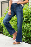 KanCan Jeans   KanCan Stretch Level: Comfort Stretch  Wide Leg Trouser Color: Dark Blue Wash Cut: Flare, 32" Inseam  Rise: High Rise, 11" Front Rise 99% COTTON, 1% SPANDEX Fly: Exposed Button Fly Style #: KC7126D  Contact us for any additional measurements or sizing.  *Measured on the smallest size, measurements may vary by size. 