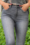 KanCan Jeans Color: Gray Ankle Skinny, 26.5" Inseam* High Rise, 10.5" Front Rise* Fray Hem Ankle 93% COTTON , 6% POLYESTER , 1% SPANDEX Fly: Zipper Style #: BM8395HGDG Contact us for any additional measurements or sizing.    *Measured on the smallest size, measurements may vary by size. 