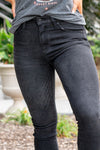 KanCan Jeans  These high-rise gey wash skinny jeans have a slight distressed hem with a fitted skinny leg. Color: Dark Grey Cut: Skinny, 29.5" Inseam Rise: High-Rise, 9.5" Front Rise 93% COTTON , 6% POLYESTER , 1% SPANDEX Stitching: Classic  Fly: Zipper Style #: KC9134DG Contact us for any additional measurements or sizing.  *Measured on the smallest size, measurements may vary by size.