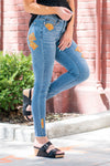 70s Print Patch Mid Rise Skinny