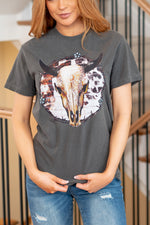 Barbed Wire Bull Skull Graphic Tee - Pepper