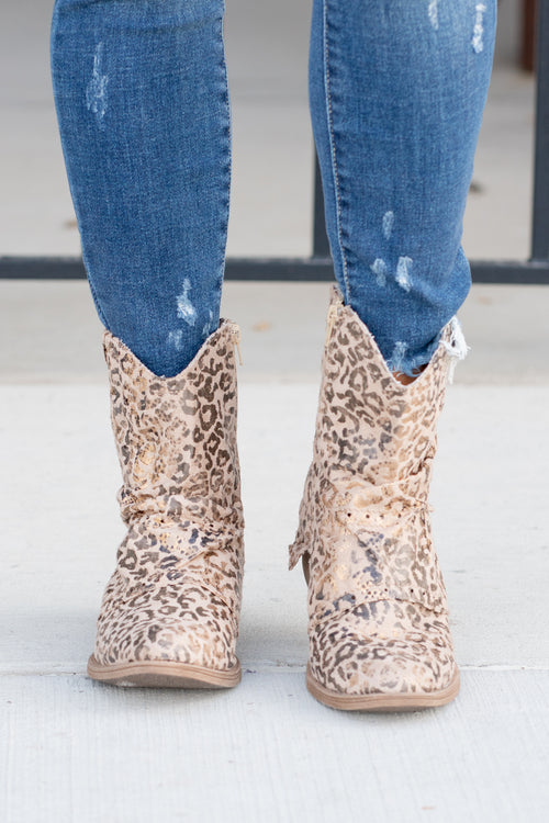 B Don Leopard Print Flap Over Booties - Taupe Leopard